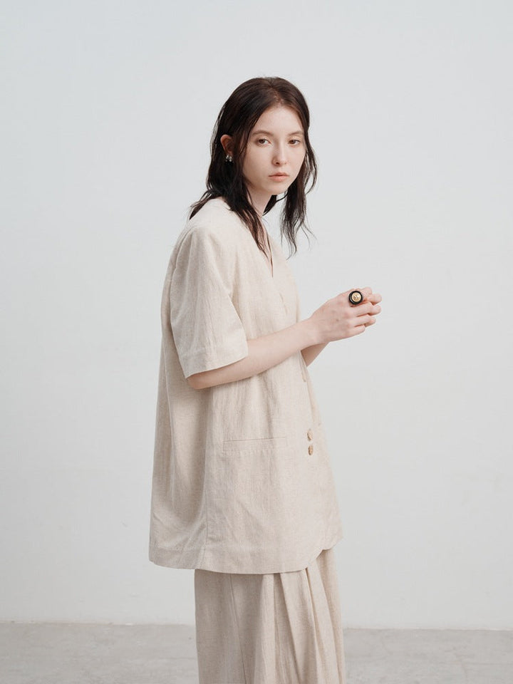 Loose-Fit V-Neck Linen Blazer with Short Sleeves