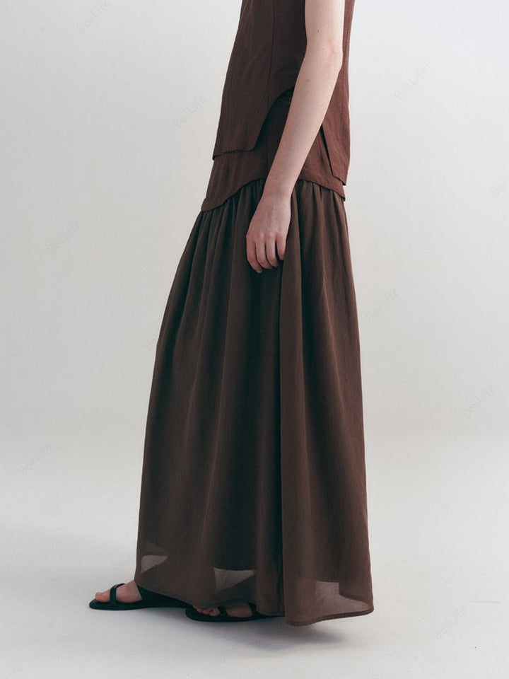 Linen Korean Style Casual High-Waist Midi Skirt