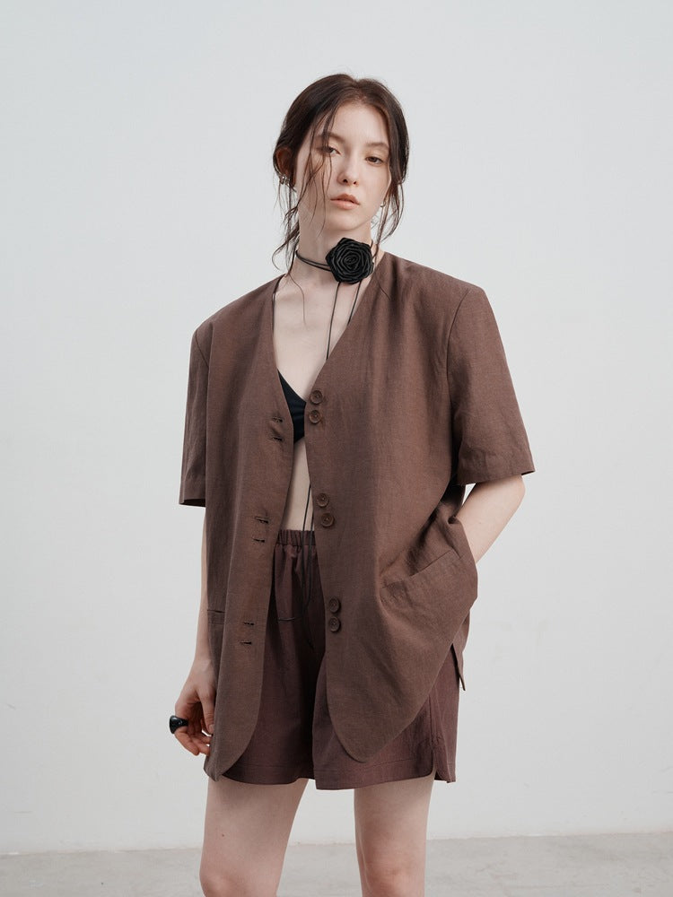 Loose-Fit V-Neck Linen Blazer with Short Sleeves