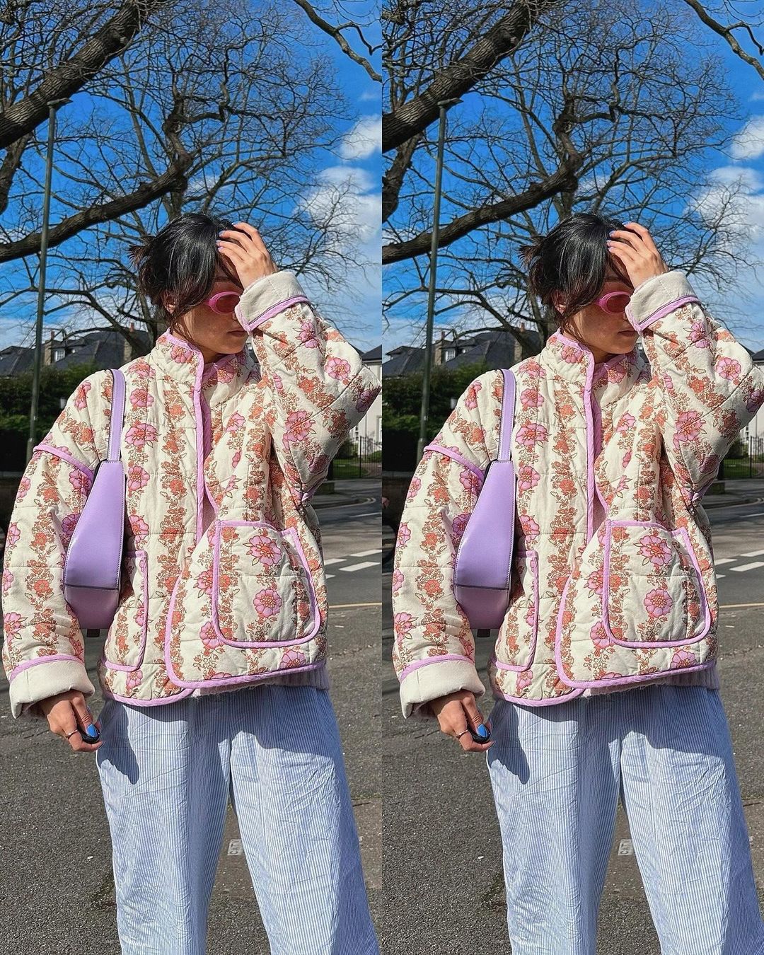 Jacke mit überschnittener Schulterpartie aus Baumwolle mit Blumenmuster und Taschenclip