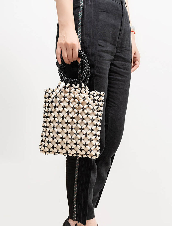 Block Wooden Bead Woven Tote Bag