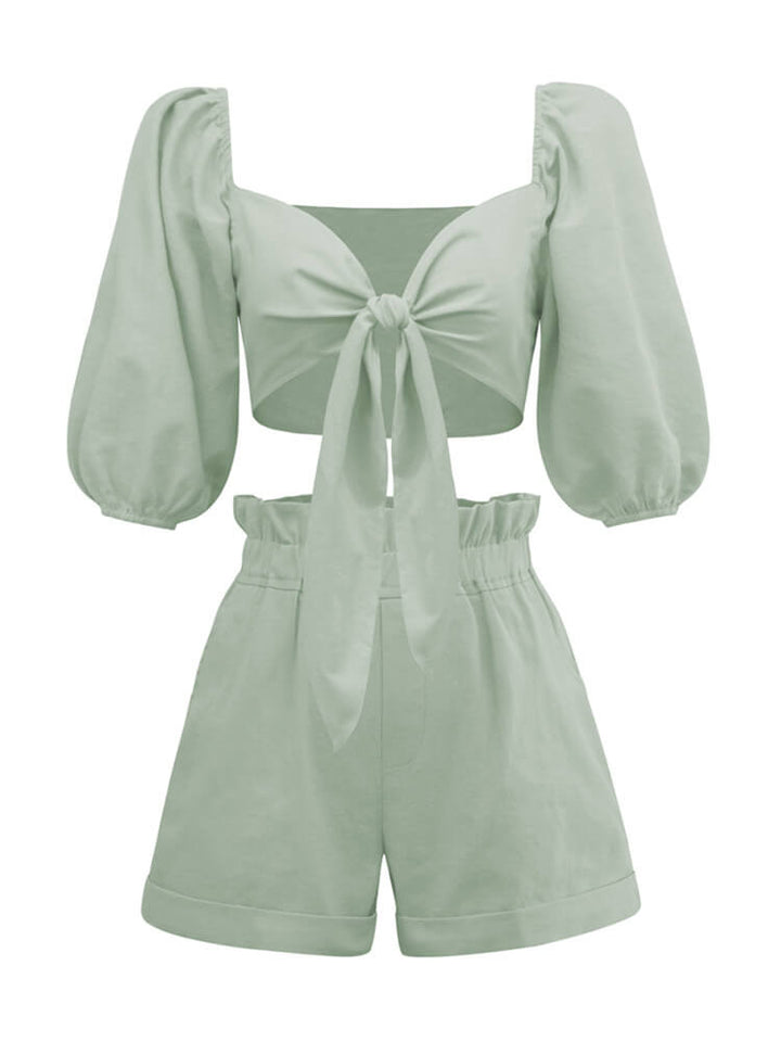 Linen Wrap Front Tie Puff Sleeve Shorts Sæt