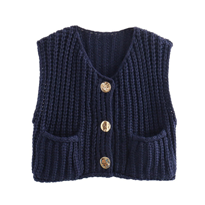 Large Buttons Solid Color Knit Vest Cardigan