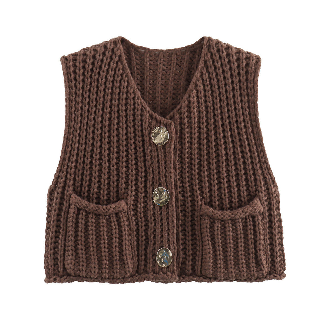 Large Buttons Solid Color Knit Vest Cardigan