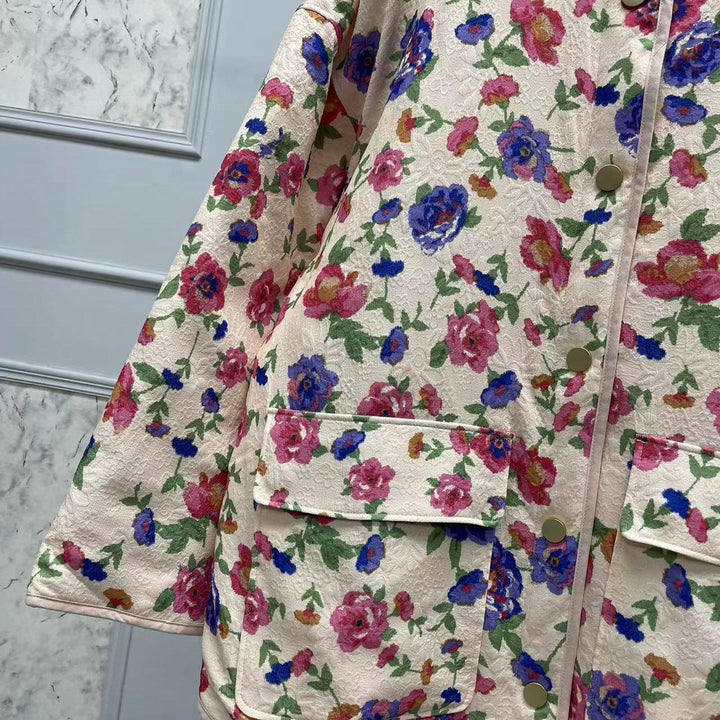 Floral Print Embossed Pockets Cotton Jacket