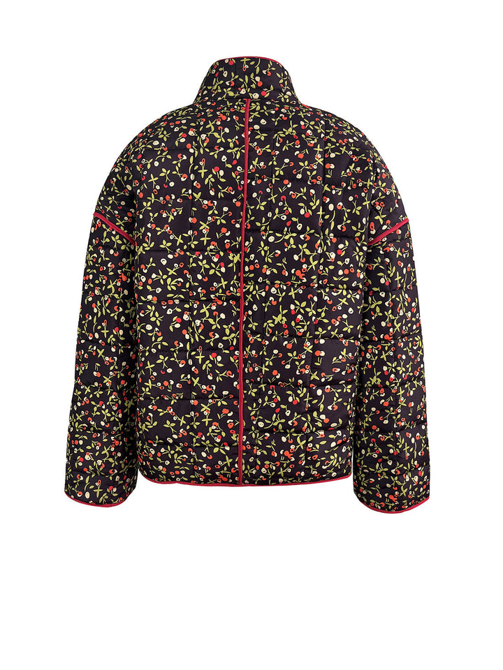 Flower Print Pocket Clip Cotton Drop Shoulder Jacket