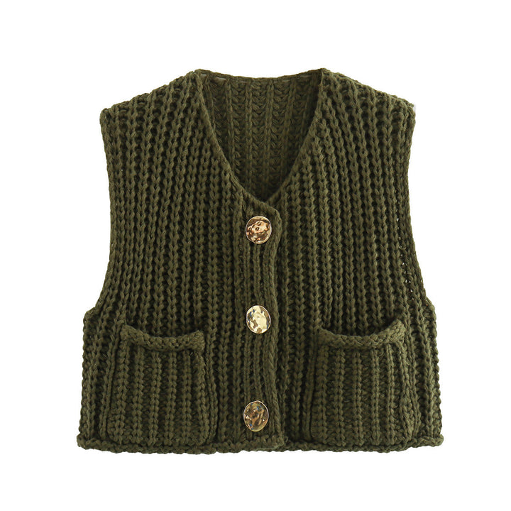 Large Buttons Solid Color Knit Vest Cardigan