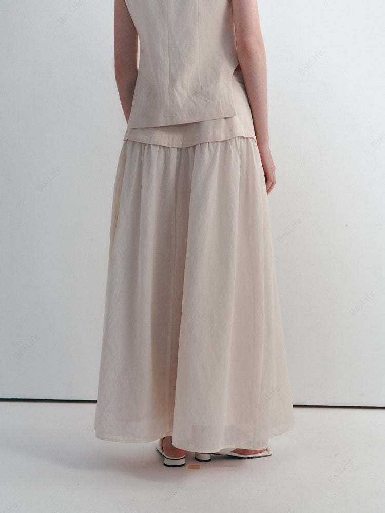 Linen Korean Style Casual High-Waist Midi Skirt