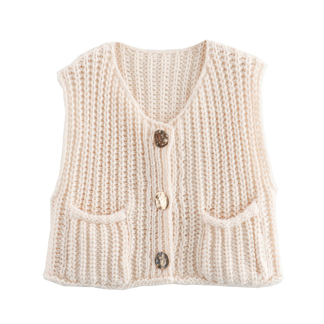 Large Buttons Solid Color Knit Vest Cardigan