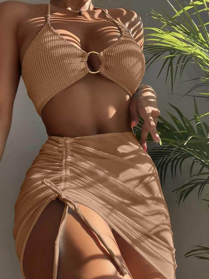 Effen kleur sexy halterneck driedelige badpakbikini