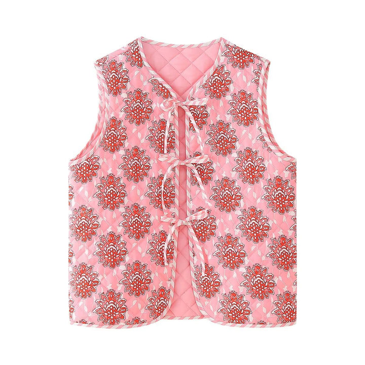 Pink Blumendruck Spëtzekleeder gesteppt dënn Waistcoat