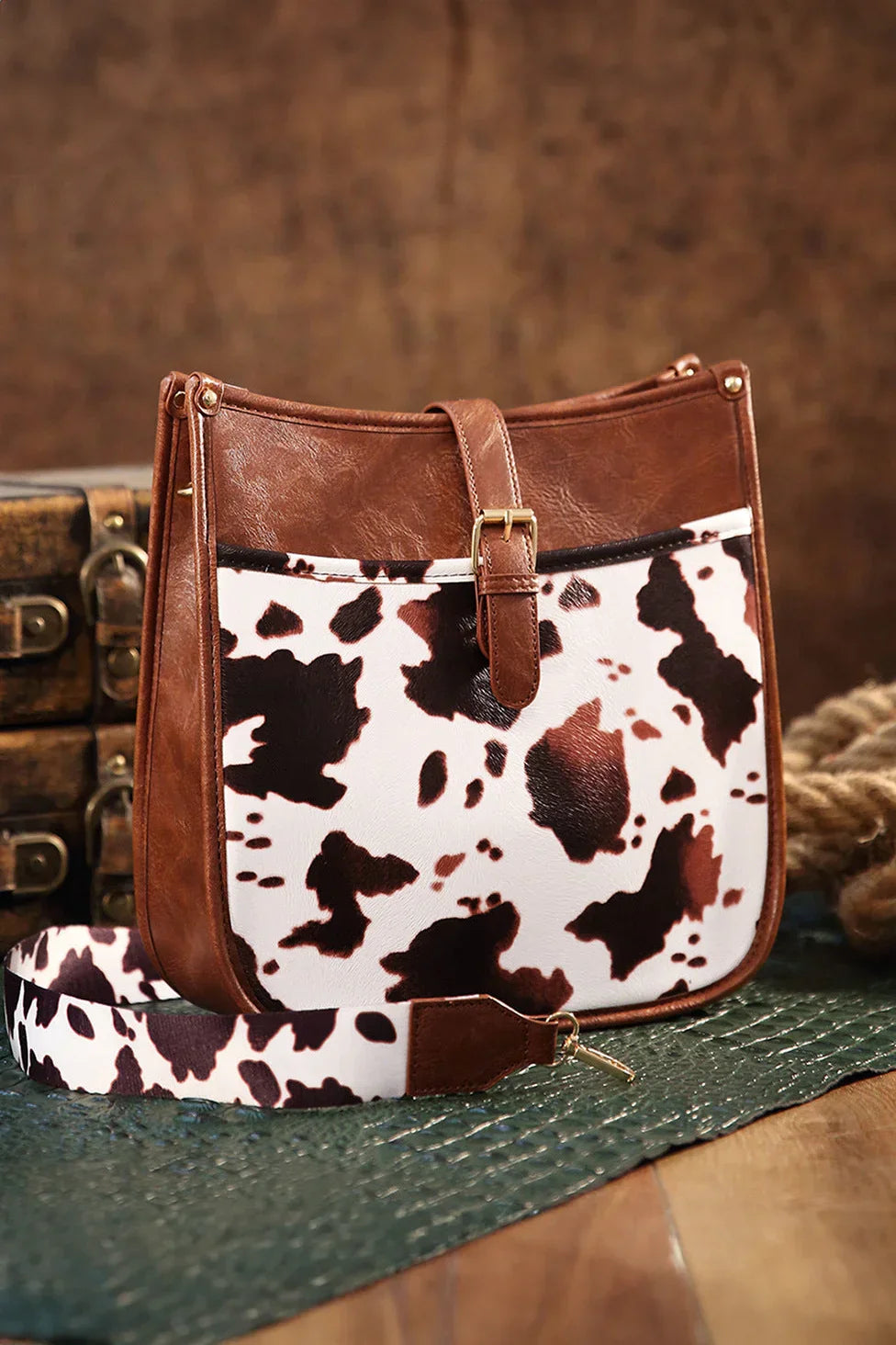 Western Cowboy Style Brown Cow Print Crossbody Bag