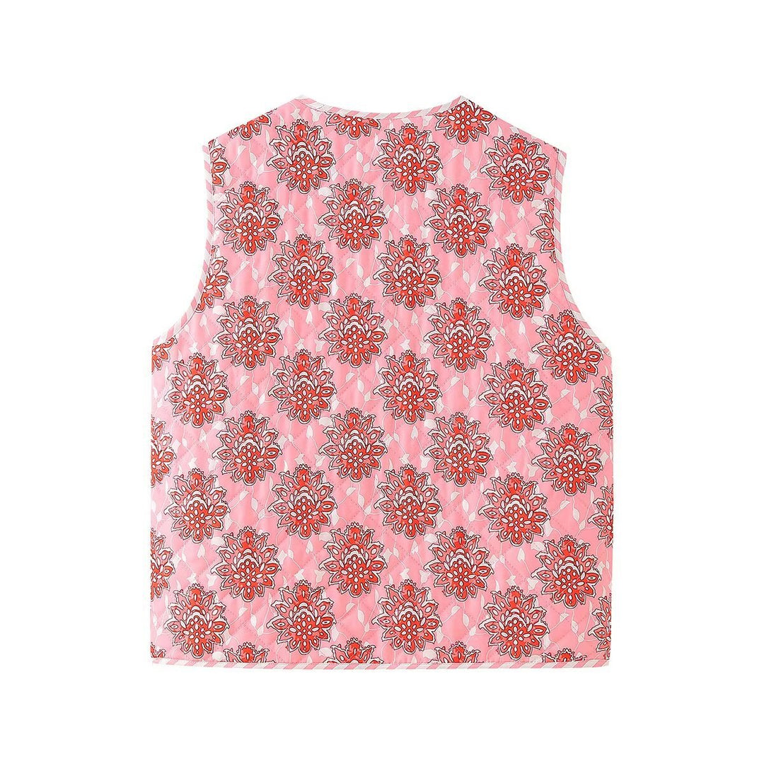 Pink Blumendruck Spëtzekleeder gesteppt dënn Waistcoat