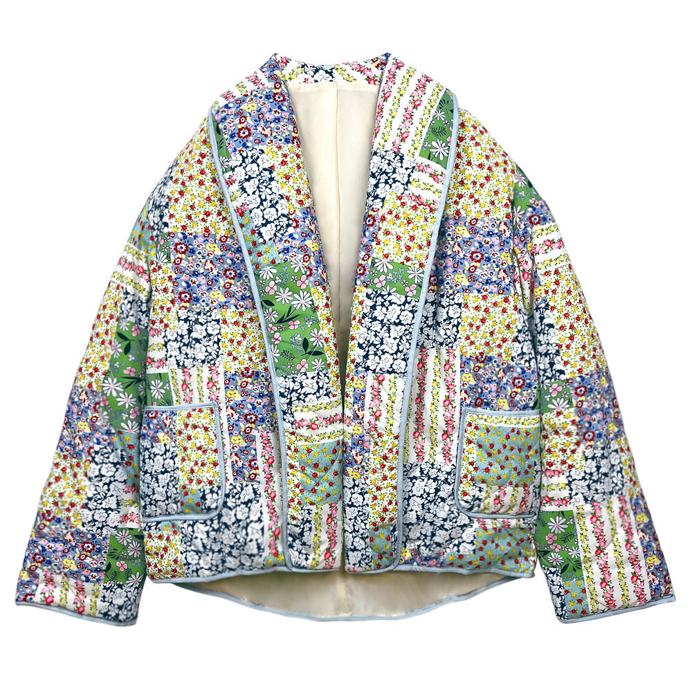 Gelbgrüne Jacke mit Patchwork-Print und Blumenmuster