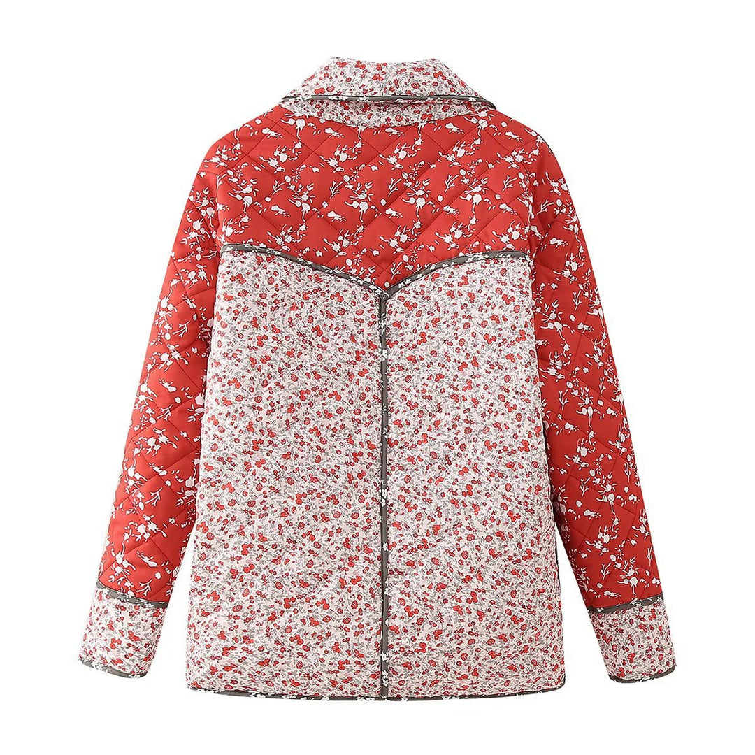 Steppjacke im Ethno-Stil mit Blumendruck und Farbkontrast