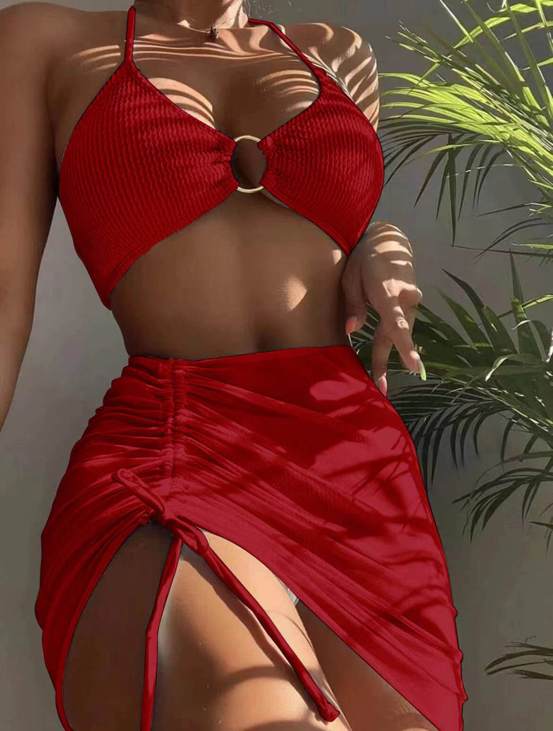 Effen kleur sexy halterneck driedelige badpakbikini