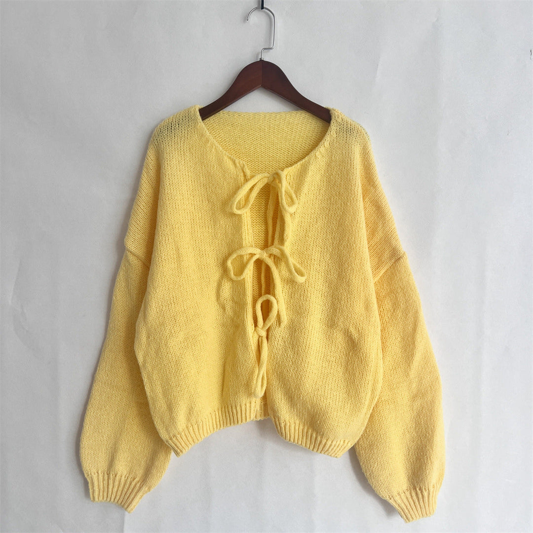 Solid Color Crew Neck Lace-Up Cardigan