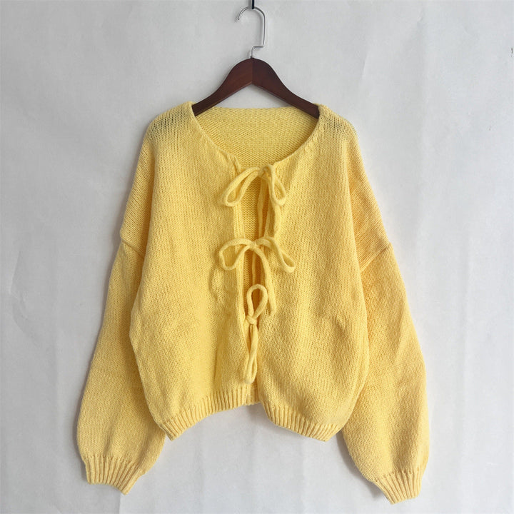 Solid Color Crew Neck Lace-Up Cardigan