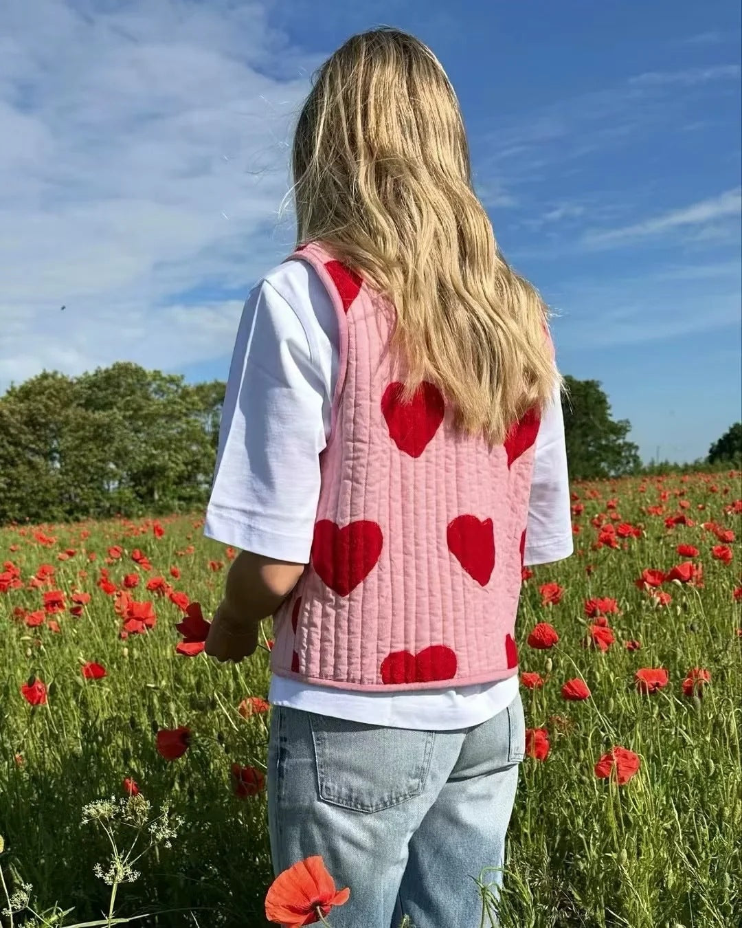 Heart Print Ærmeløs Pink sløjfe V-hals vest