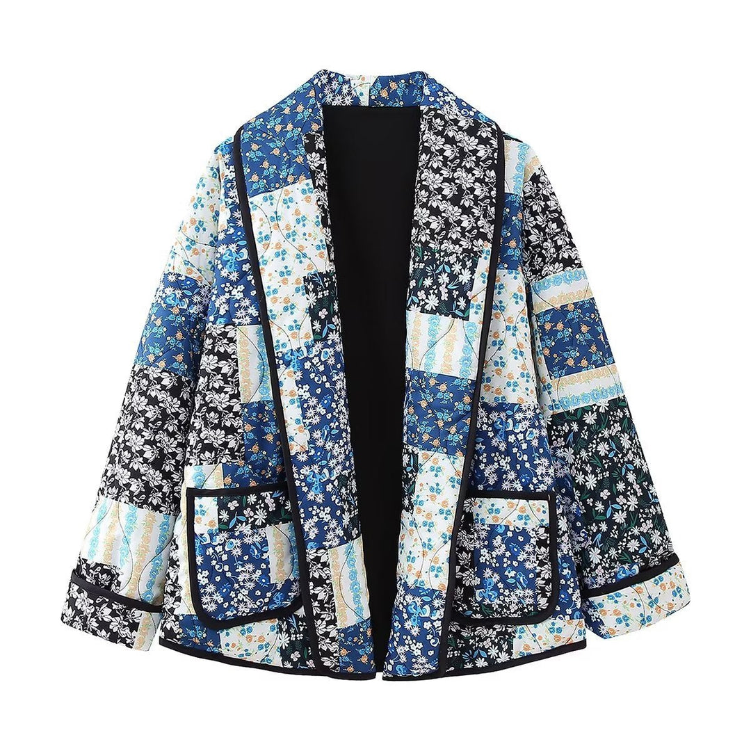 Floral Patchwork Print Lapel Pocket Jacket