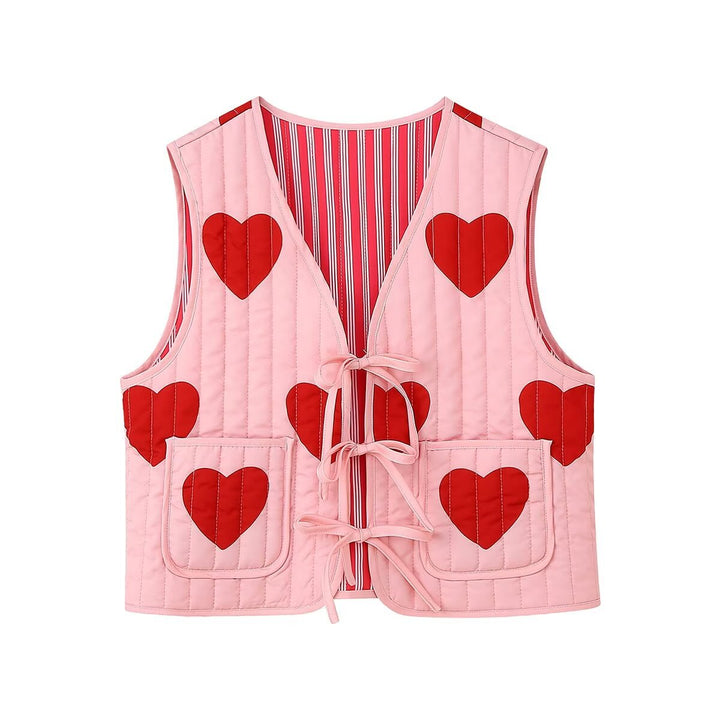 Heart Print Ærmeløs Pink sløjfe V-hals vest