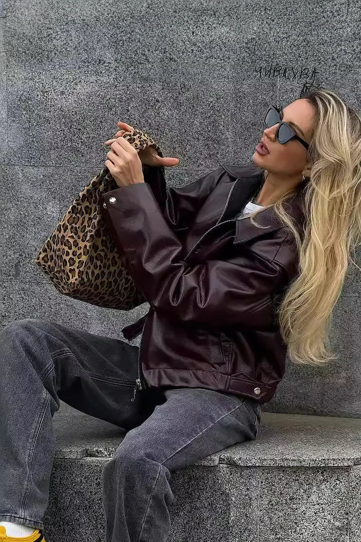 Stylish Lapel Leather Biker Jacket