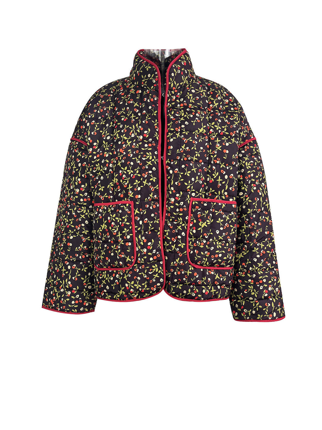 Flower Print Pocket Clip Cotton Drop Shoulder Jacket