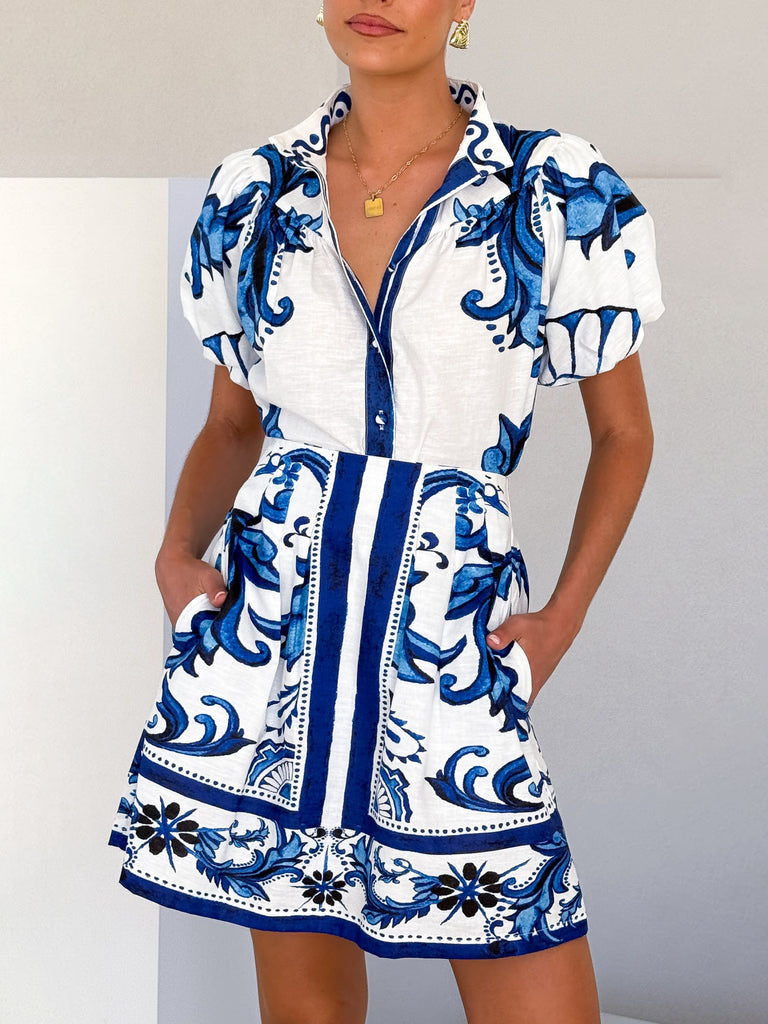 Exquisite Painted Floral Print Puff Sleeve Loose Shirt