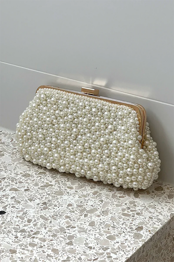 Norma Jean Faux Pearl Clutch - Cream/Gold