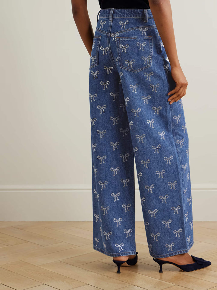 Bow Crystal-Embellished High-Rise Wide-Leg Jeans