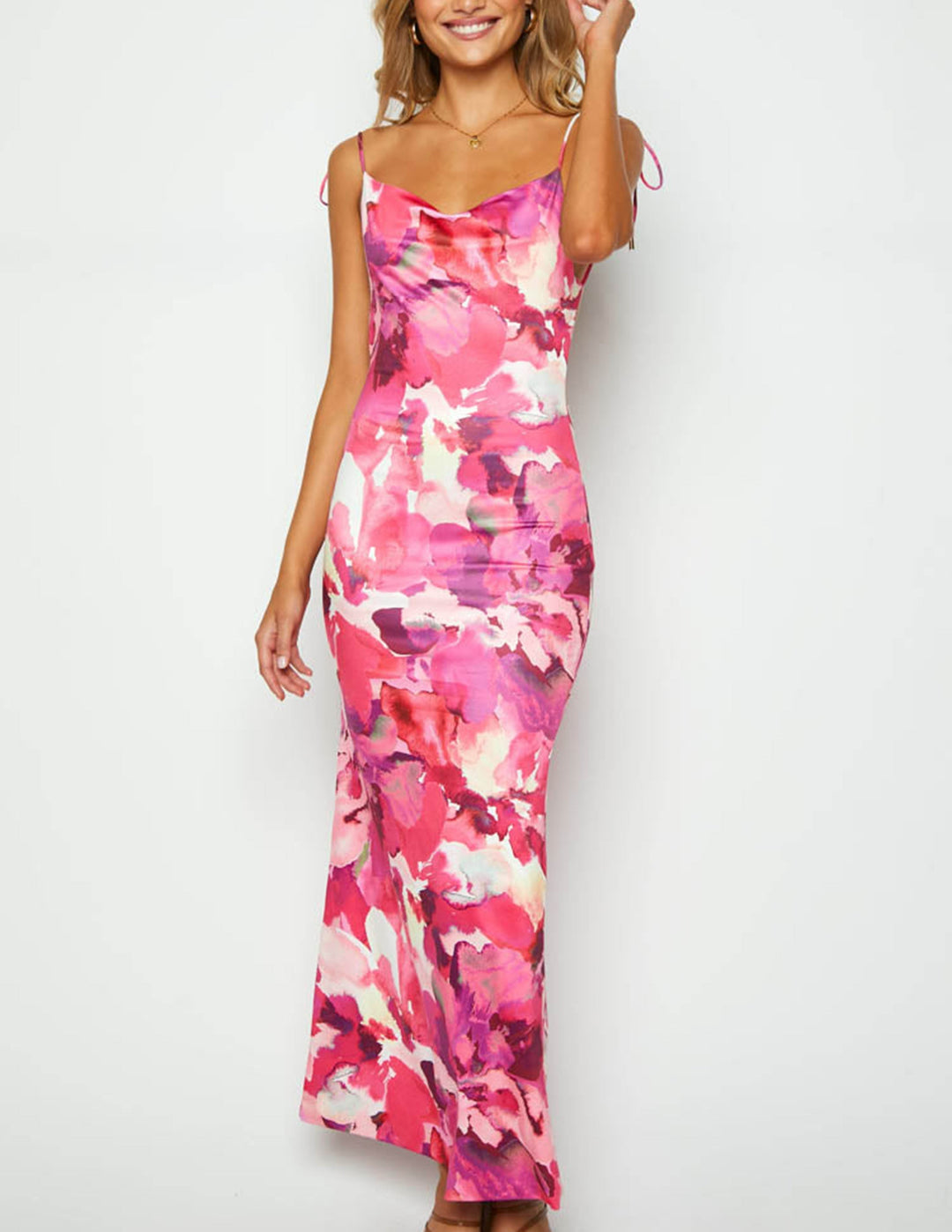 Mouwloze, rugloze maxi-jurk met roze print