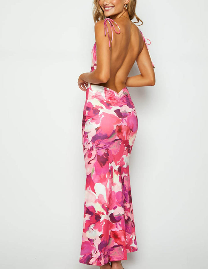 Mouwloze, rugloze maxi-jurk met roze print