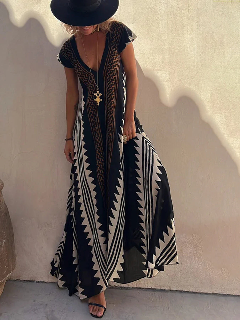 Rochie Shannon Bohemian Aztec Print Maxi