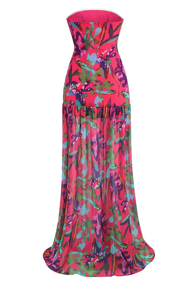 Pam Printed Strapless Slit Maxi Dress