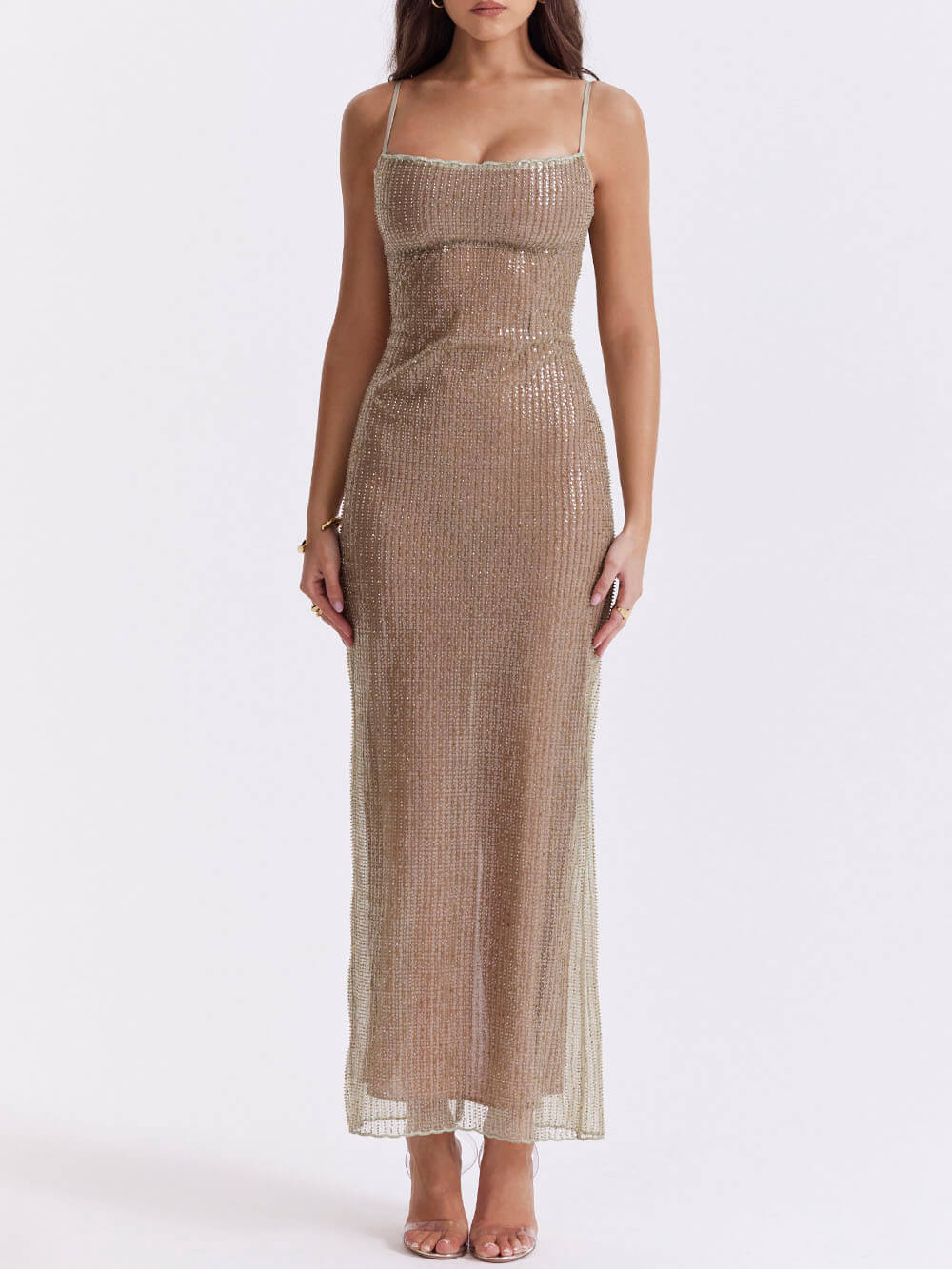 Cafe Au Lait Beaded Maxi Kleed