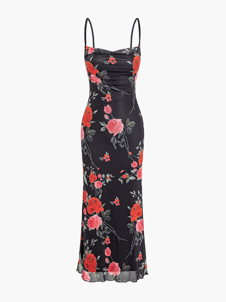 Maxi-jurk van mesh met bloemenprint en spaghettibandjes