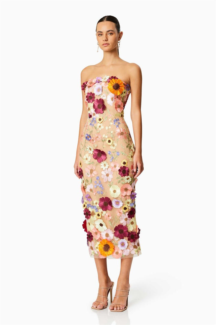 Belle Embroidered Floral Strapless Midi Dress