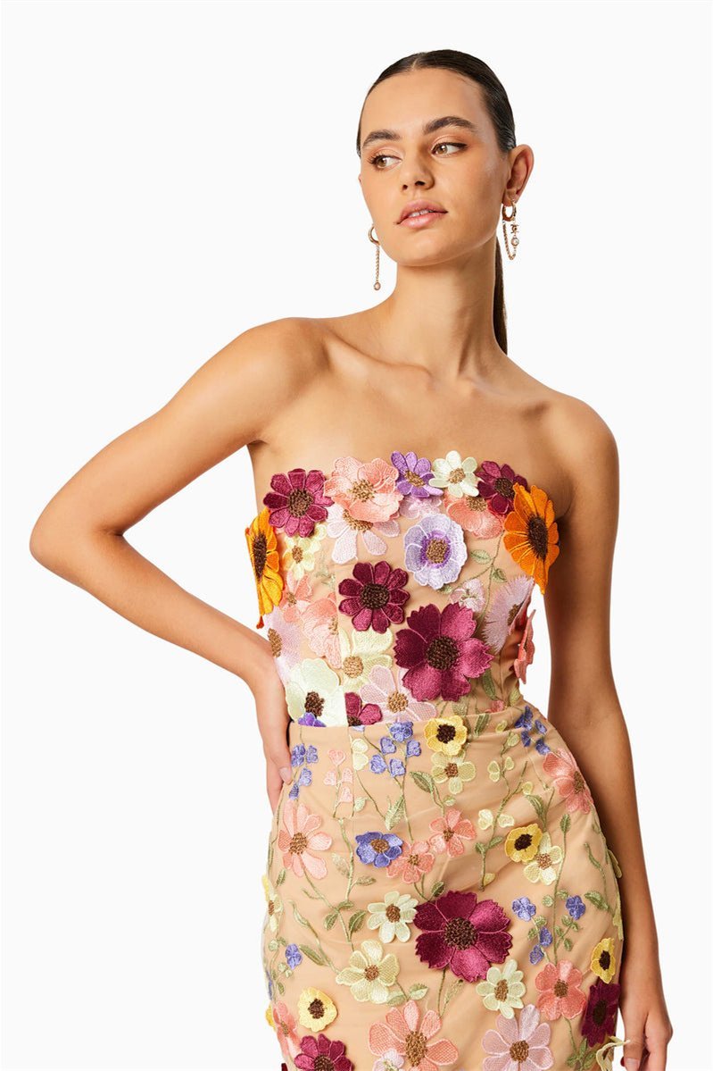 Belle Embroidered Floral Strapless Midi Dress