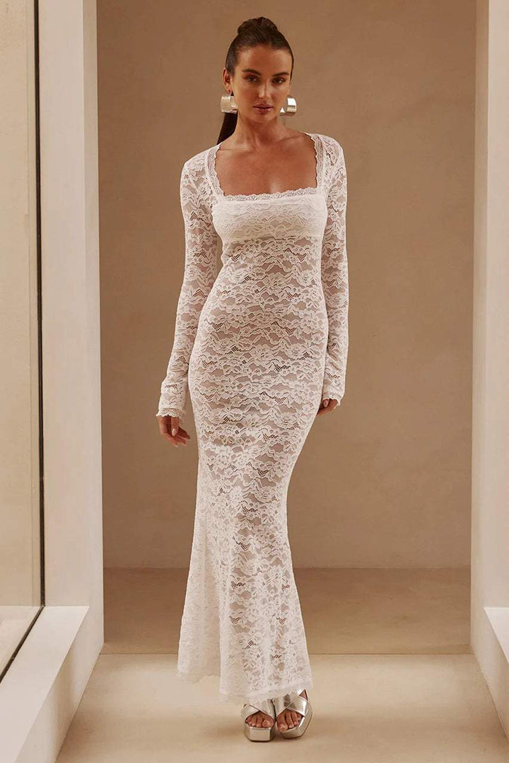 Bertha Square Neck Lace Maxi Dress