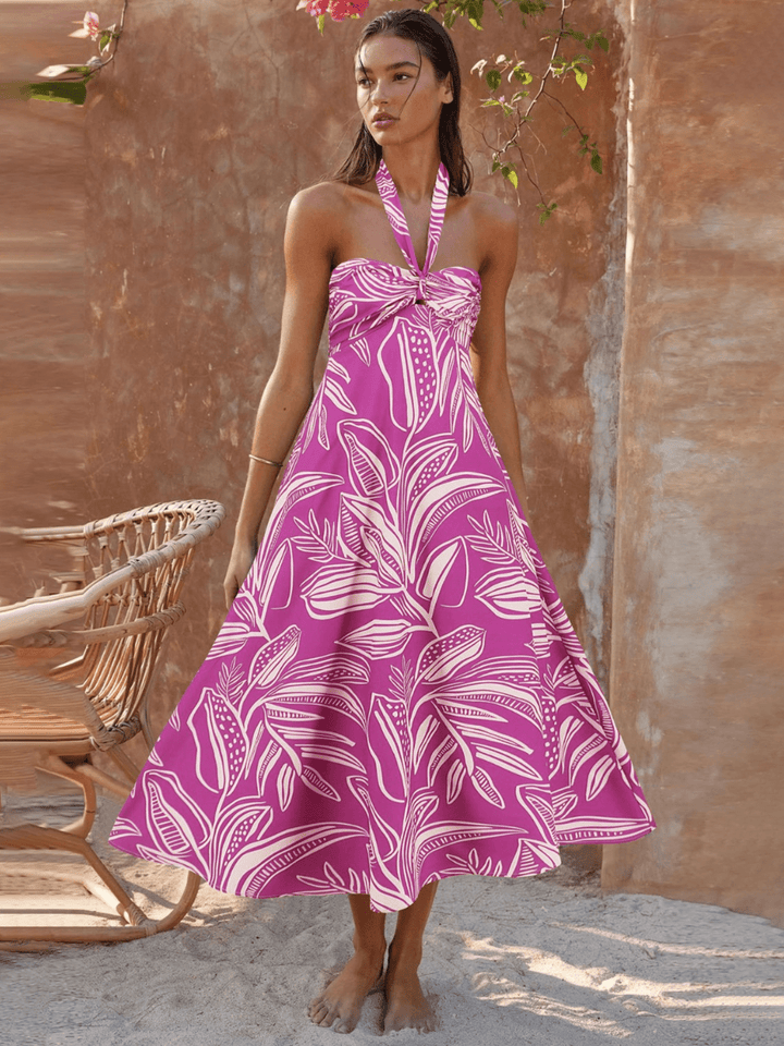 Loral Print Halter Maxi Kleed-Pink