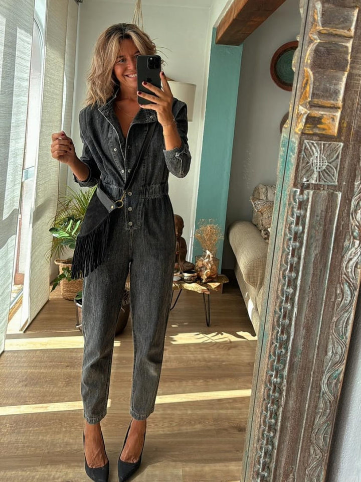 Front Button Elastic Waist Washed Jumpsuit