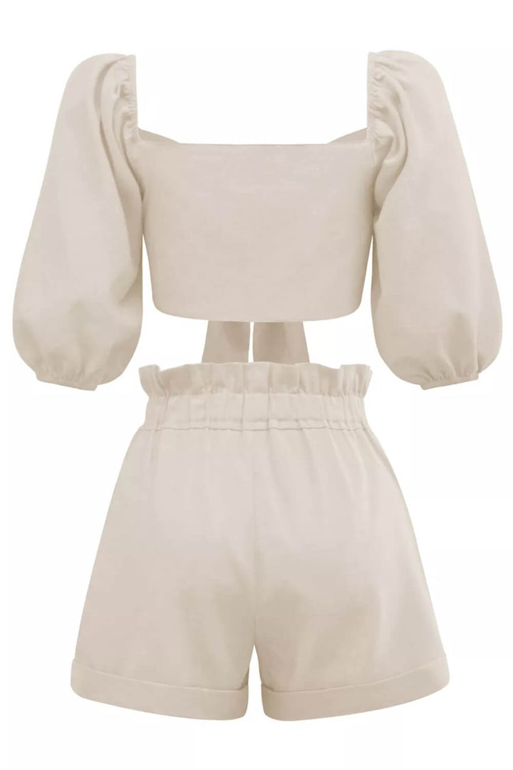 Linen Wrap Front Tie Puff Sleeve Shorts Sæt i Khaki