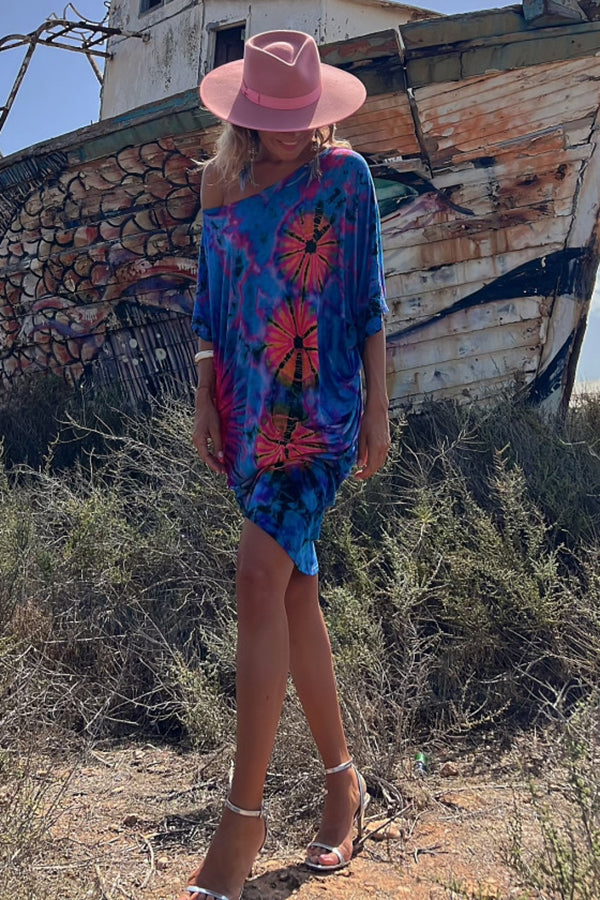 Rochie mini cu imprimeu tie-dye caftan supradimensionat stretch