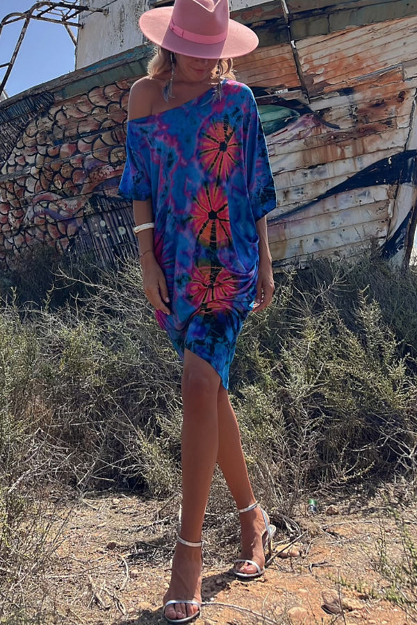 Tie-dye Print Mini šaty Stretch Oversized Kaftan