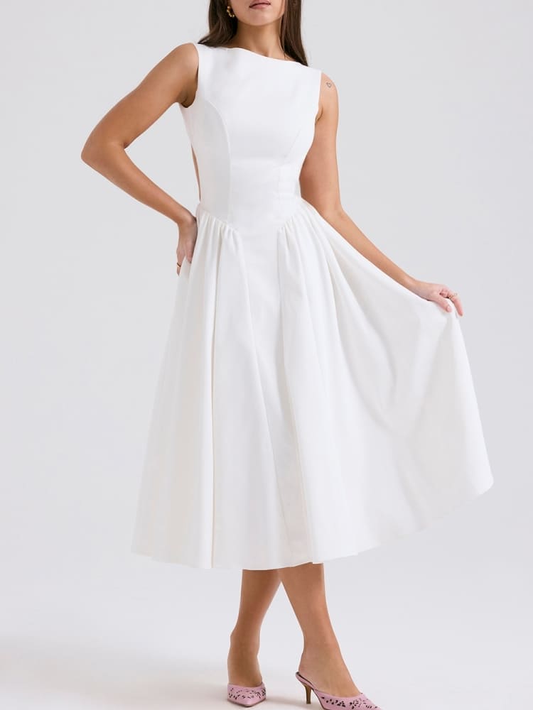 Witte Twill Midi-zonnejurk