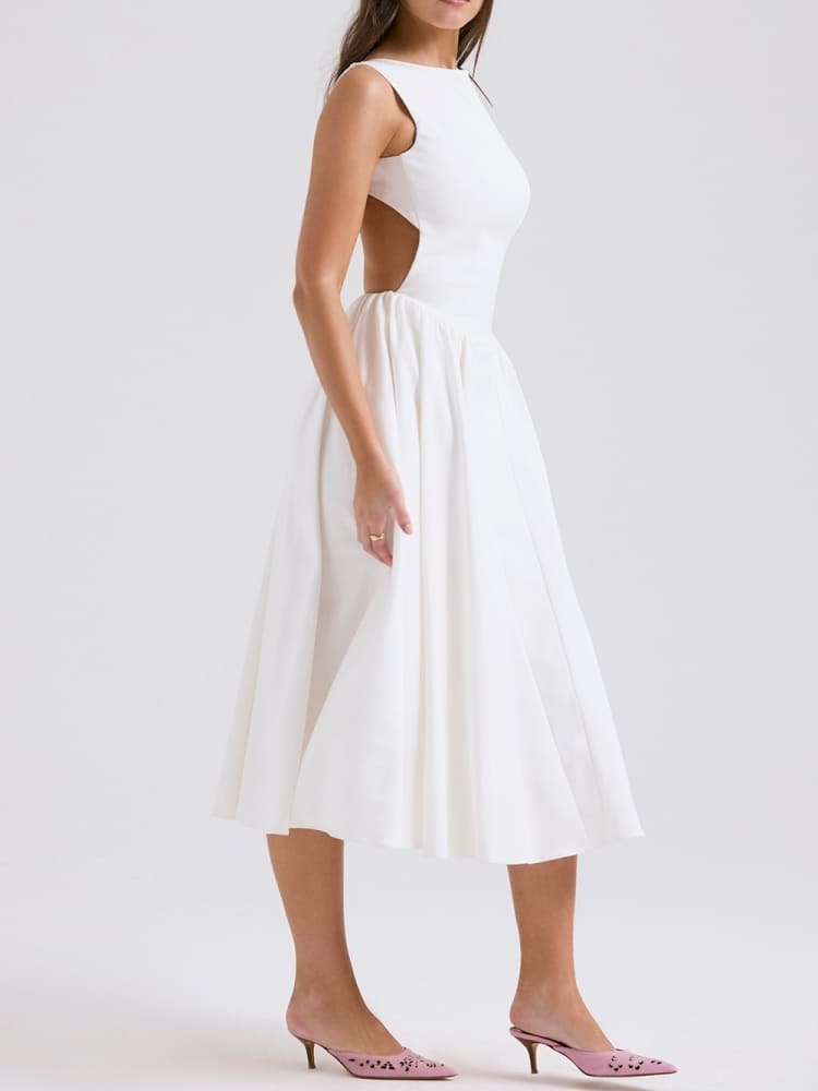 Witte Twill Midi-zonnejurk