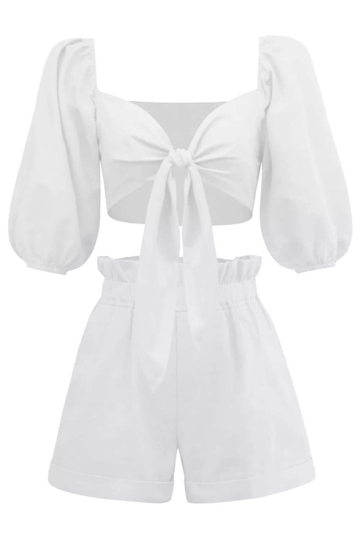 Léngen Wrap Front Tie Puff Sleeve Shorts Sets Am White