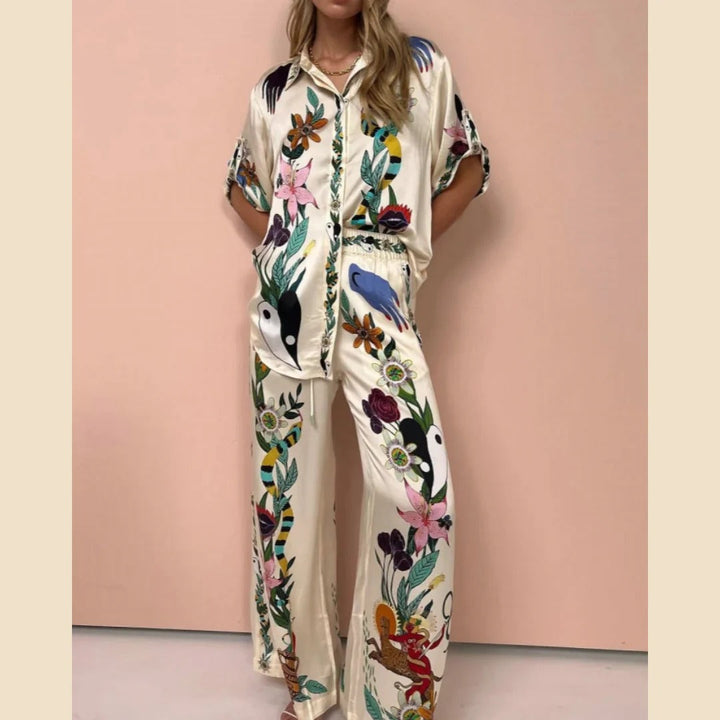 Boho Natureza gedréckt Satin Shirt & Hosen Set