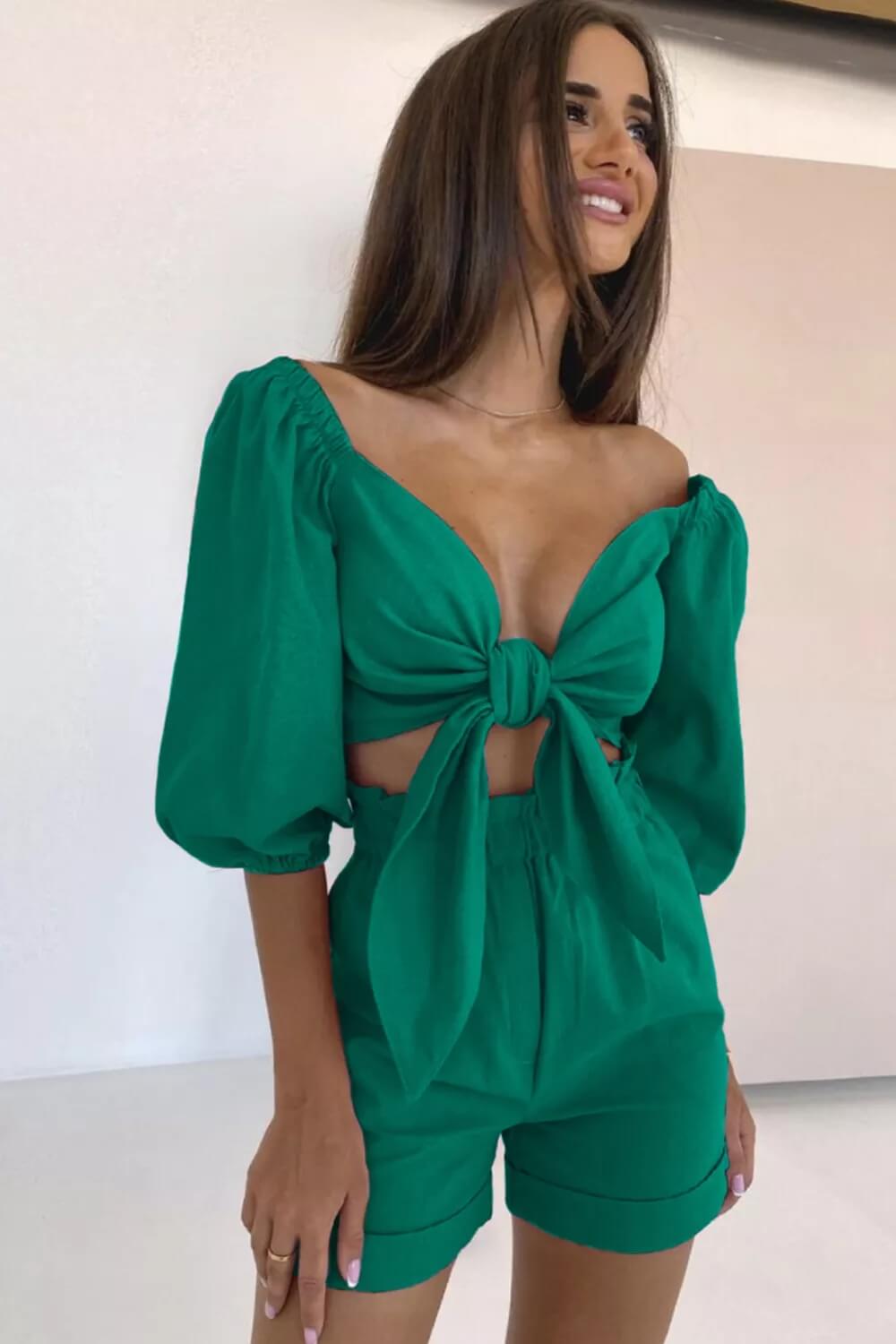 Linen Wrap Front Tie Puff Sleeve Shorts Sets In Green