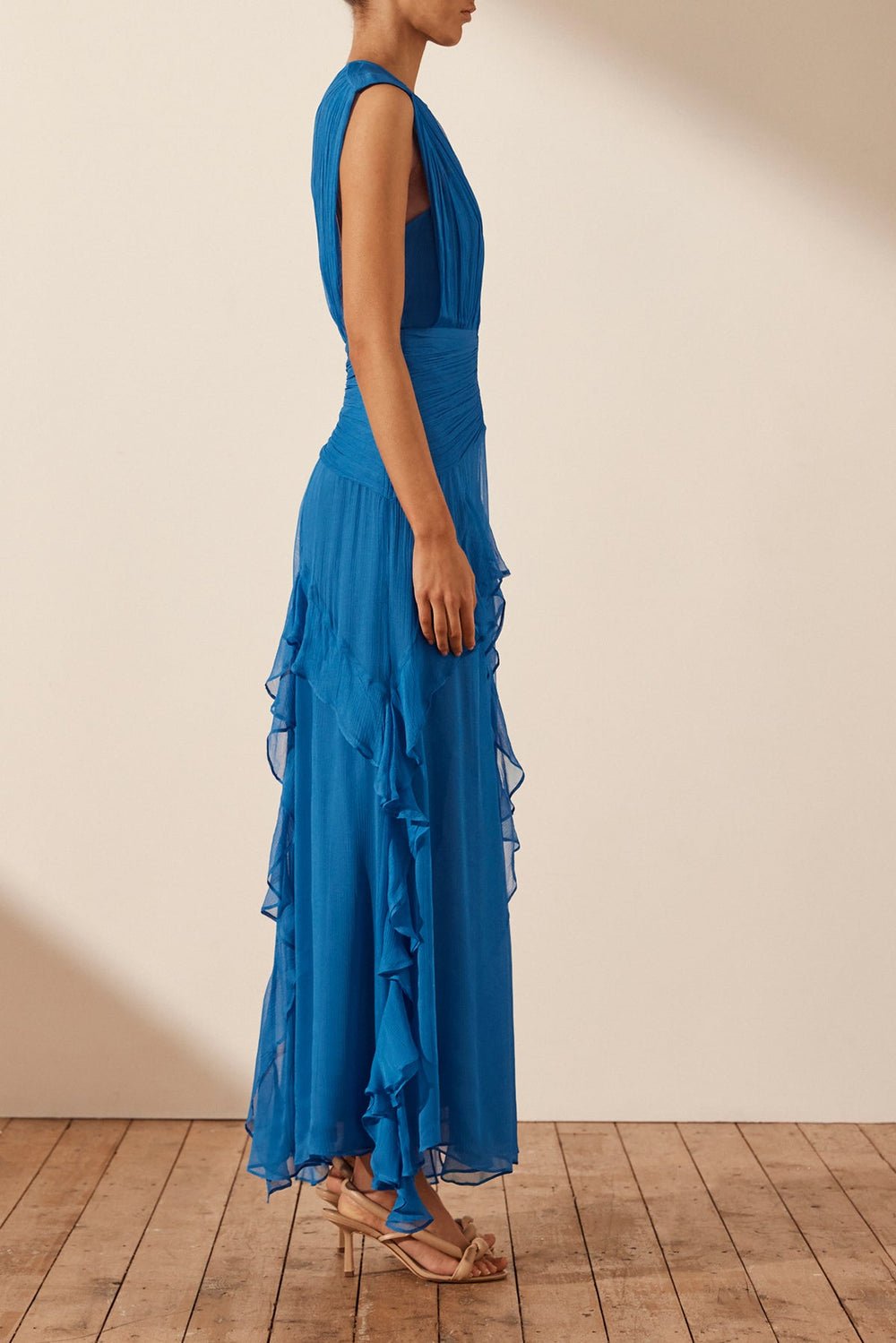 Eileen Pleated Round Neck Ruffle Maxi Dress